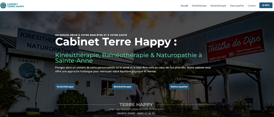Site vitrine du Cabinet Terre Happy, kinésithérapie et naturopathie à Sainte-Anne, réalisé par Gwada Web Design