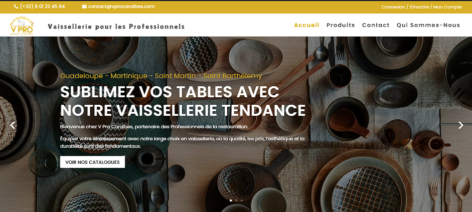 Site V Pro, vaisselle pour les professionnels, réalisé par Gwada Web Design