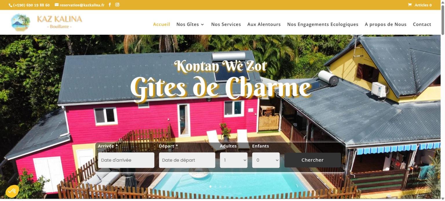 Site de réservation en ligne de Kaz Kalina, gîtes de charme à Bouillante, réalisé par Gwada Web Design